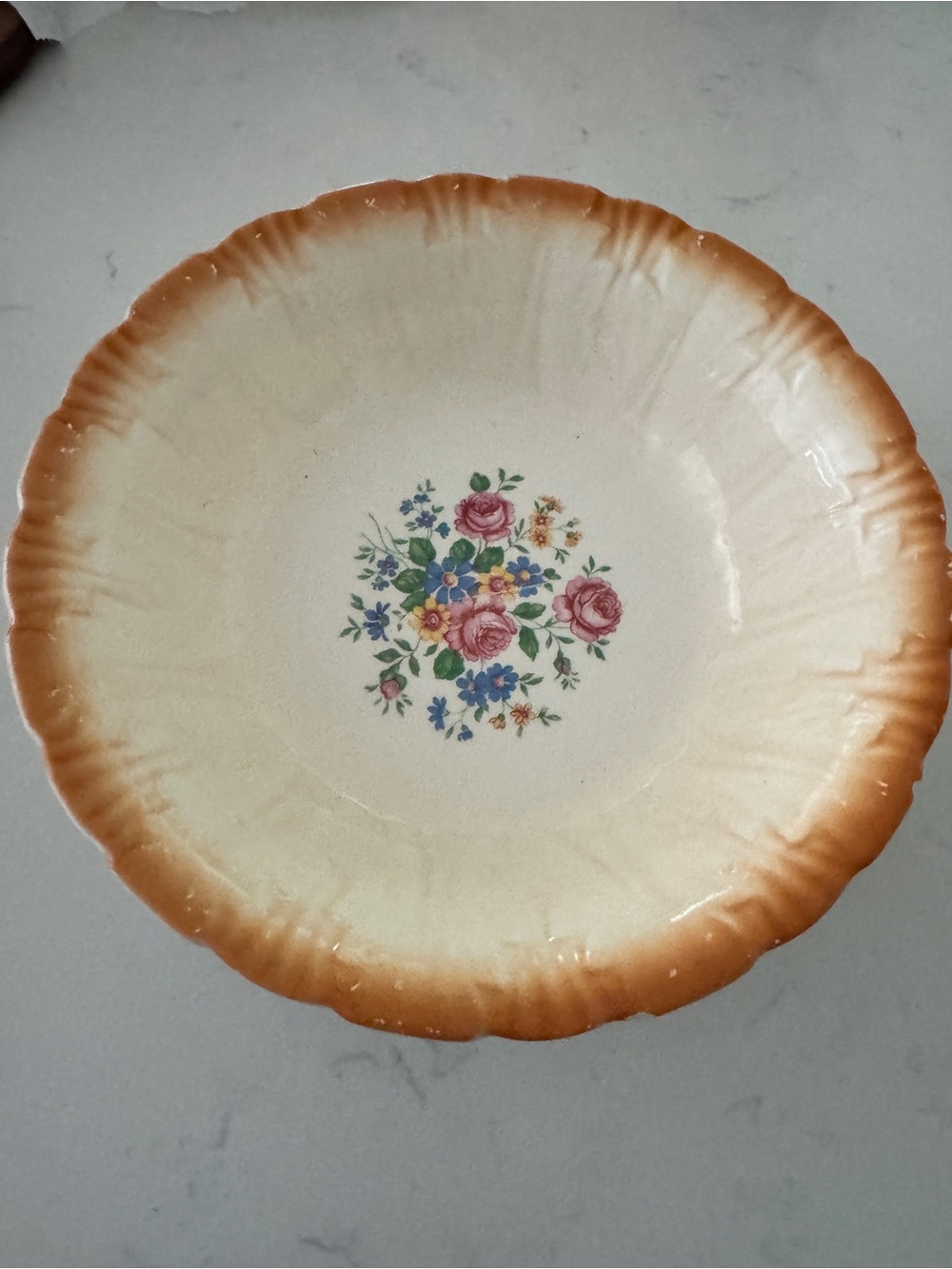 Homer Laughlin Cream Serving Bowl with Orange Rim and Floral Center